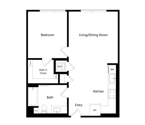 Floor plan for 1 bed, 1 bath, 691 sqft